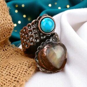 🆕️Boho Chic Copper Snake Ring w/ Moonstone Heart & Turquenite | Adjustable 8–11